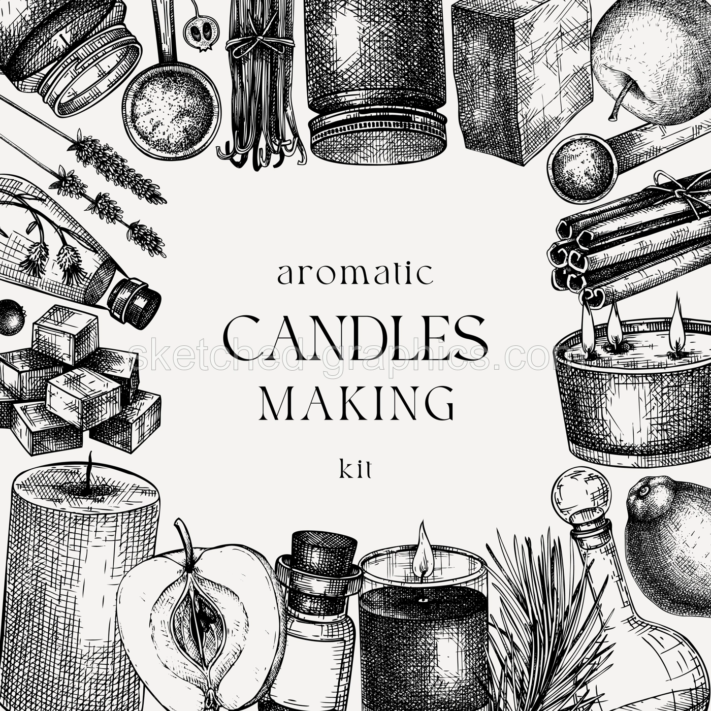 Hand sketched candle-making card design. Vintage candles, herbs, wax, fruits, spices, skewers hand drawings frame. Perfect square template for aromatherapy, hobby, handcrafts, candle making, package Illustration